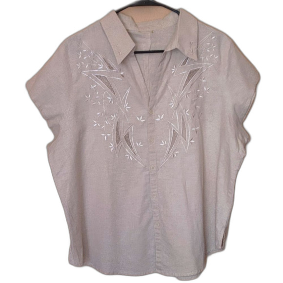 J. Crew Tops - Embroidered One Size Beige Linen Collar Short Sleeve Top